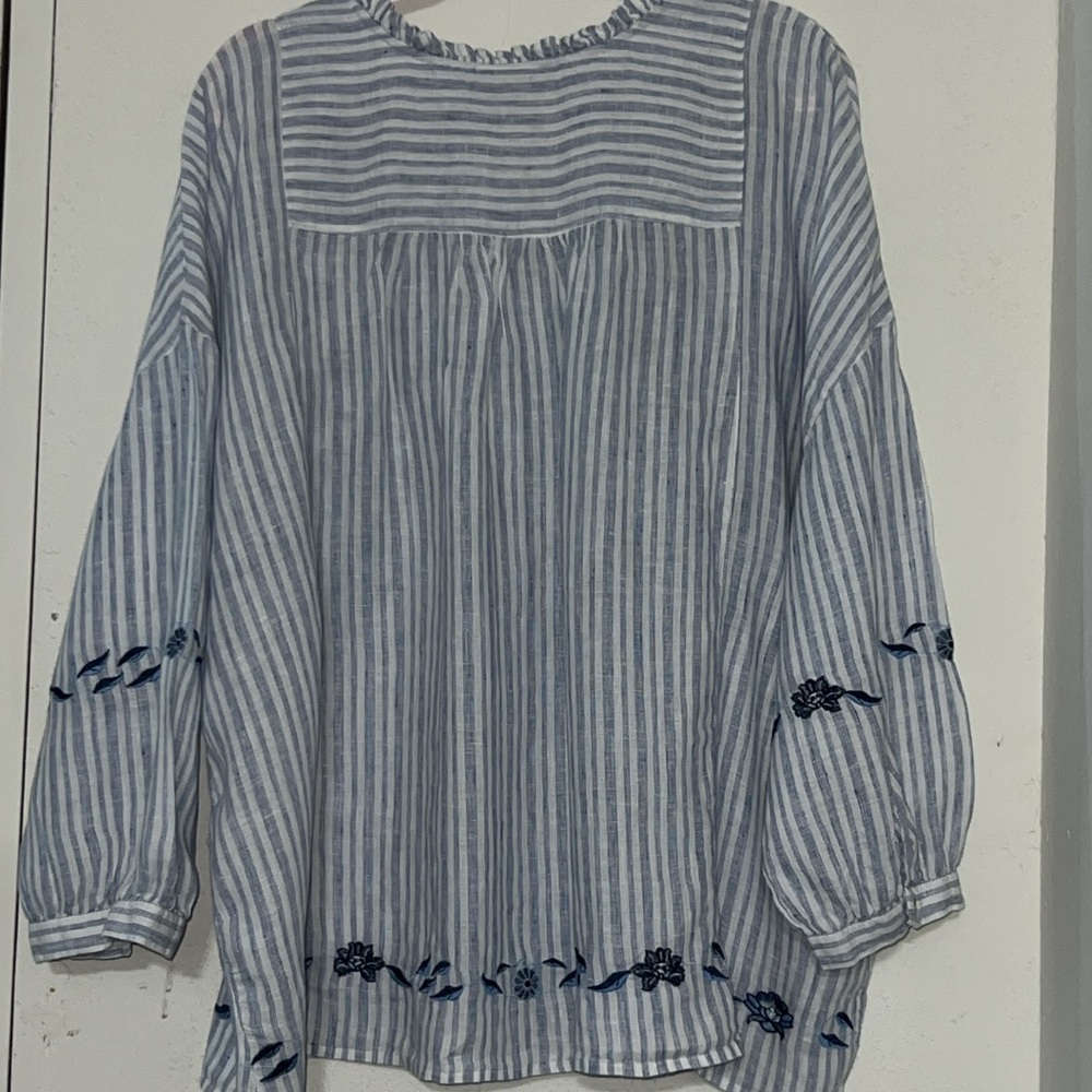 J. Jill Love Linen Blues Striped and Embroidered 3/4 Sleeve Blouse Size 3X - Picture 6 of 10